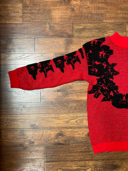 Vintage Clothing - Pullover Crewneck Knit Sweater - Black Flowers on Red Glitter - Medium