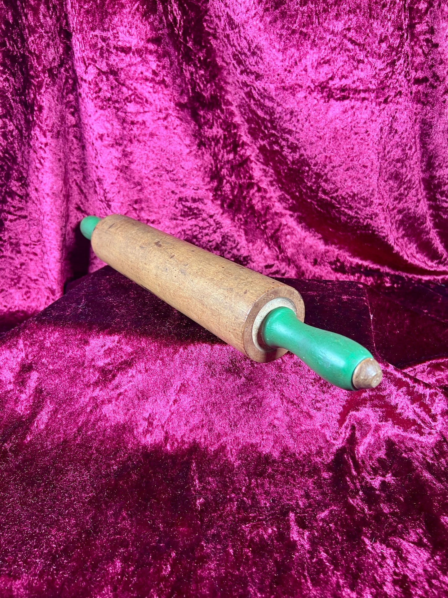 Vintage Kitchen - Wood Rolling Pin with Green Handles - Munising