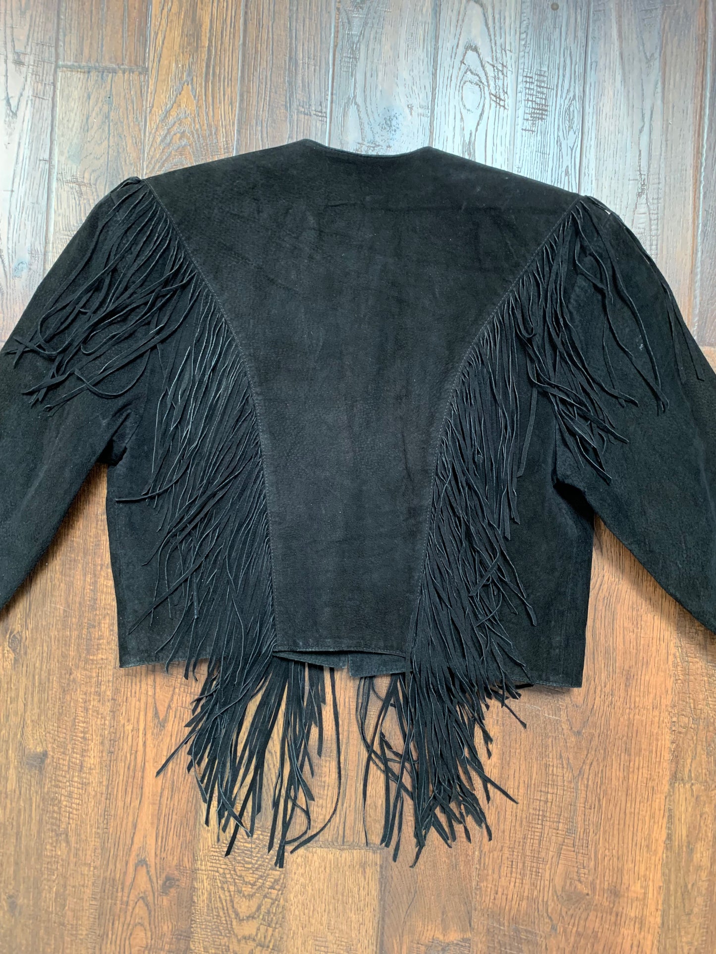 Vintage Bomber Jacket - Genuine Leather - Black Suede Fringe - Silver Conches - Scully - Large