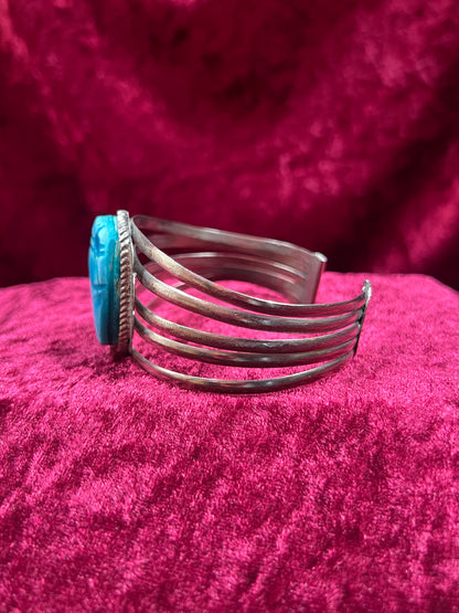Vintage Jewelry - Chunky Cuff Bracelet - Egyptian Revival Blue Scarab