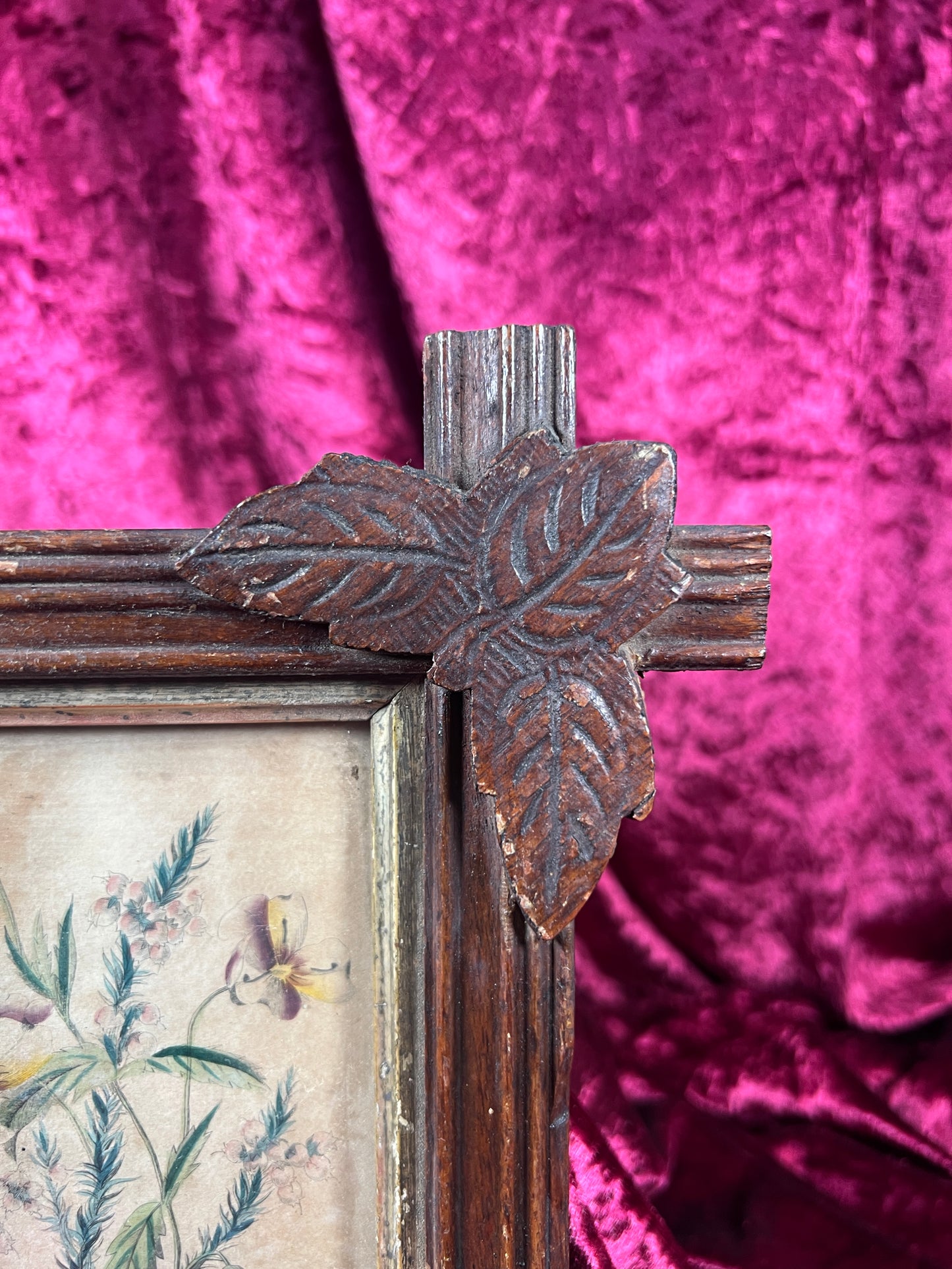 Vintage Wall Art - Antique Black Forest Style Frame - Spring Florals Illustration