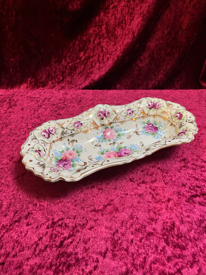 Vintage Trinket Dish - Hand Painted Porcelain - Pink and Purple English Roses - Noritake