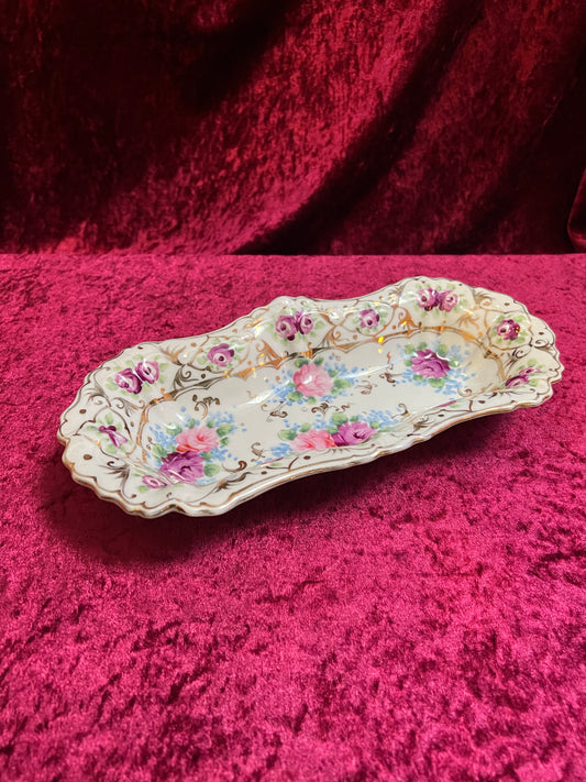 Vintage Trinket Dish - Hand Painted Porcelain - Pink and Purple English Roses - Noritake