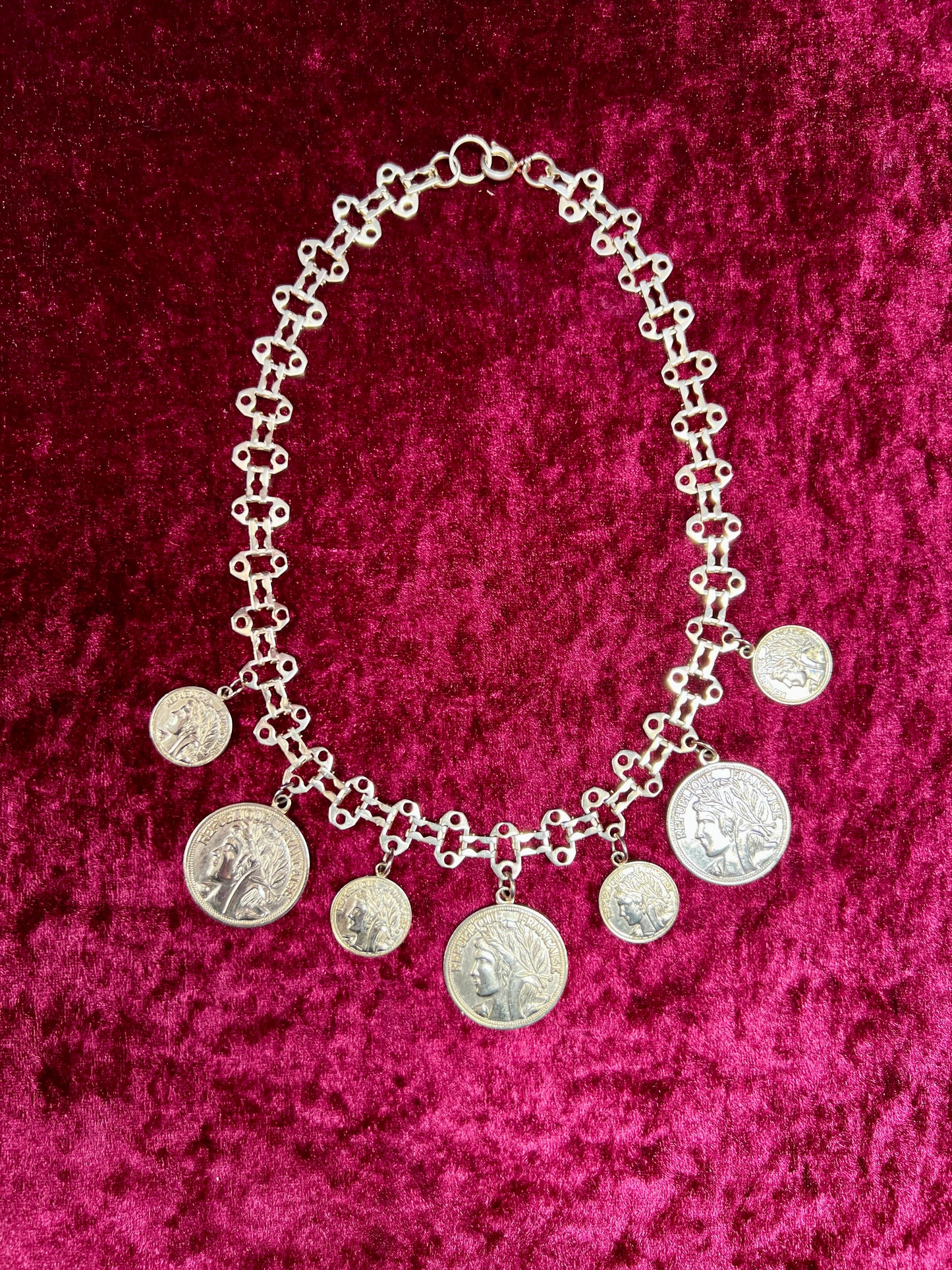 Vintage Jewelry - Reversible Necklace - Gold Tone Republique Francaise Coins - 17.5"
