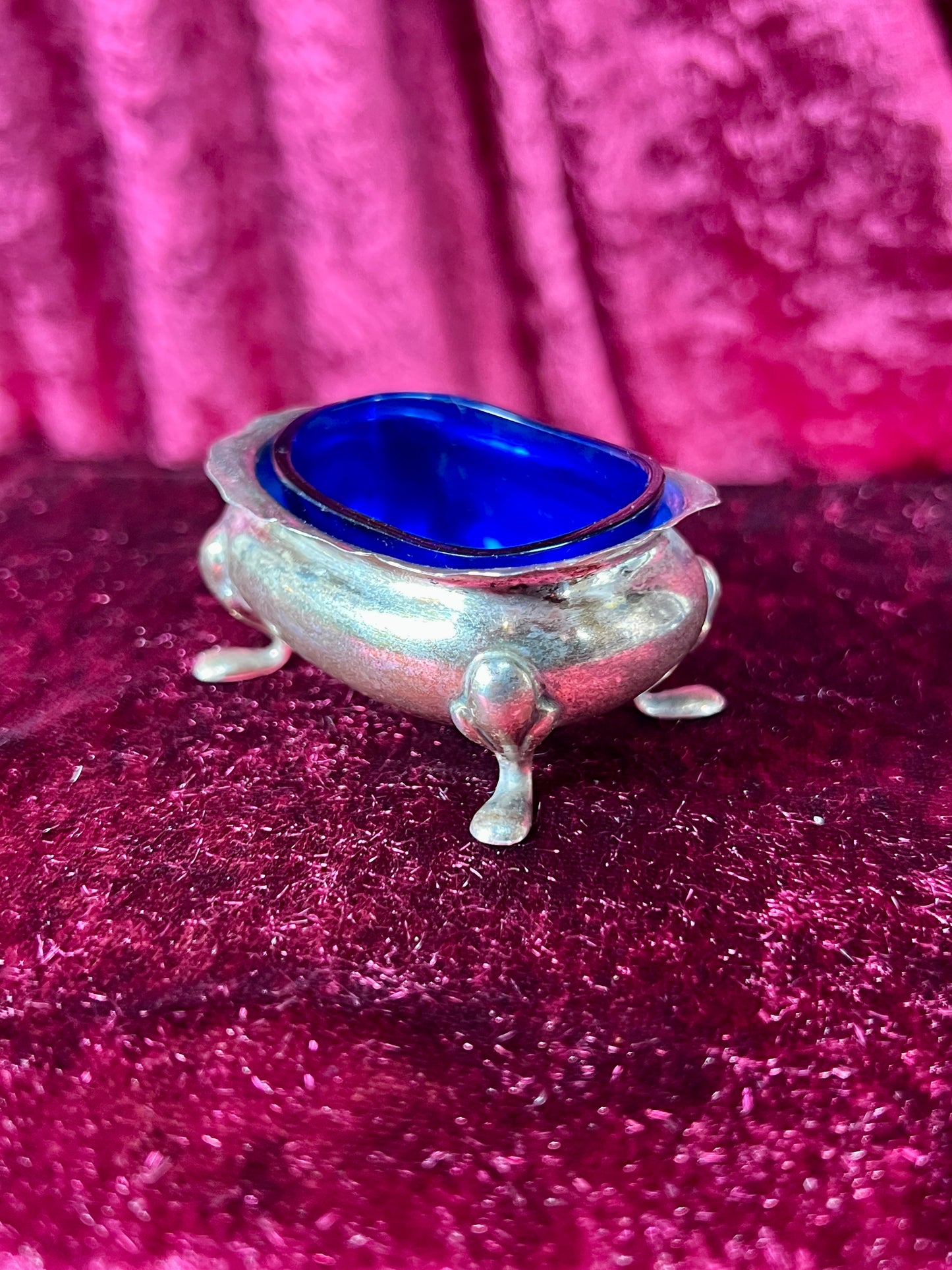 Vintage Kitchen - Footed Salt Cellar with Cobalt Blue Glass Insert - Sterling Silver - Dented