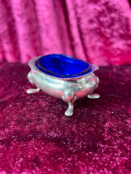 Vintage Kitchen - Footed Salt Cellar with Cobalt Blue Glass Insert - Sterling Silver - Dented