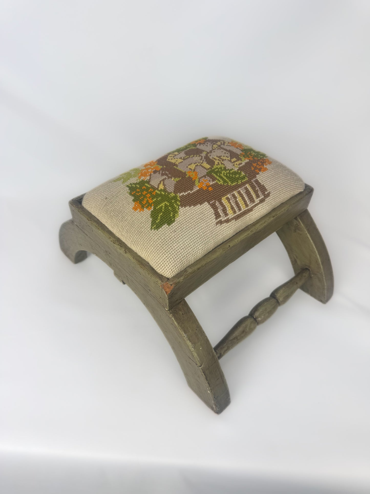 Vintage 1970s Needlepoint Mushroom / Toadstool Wooden Foot Stool