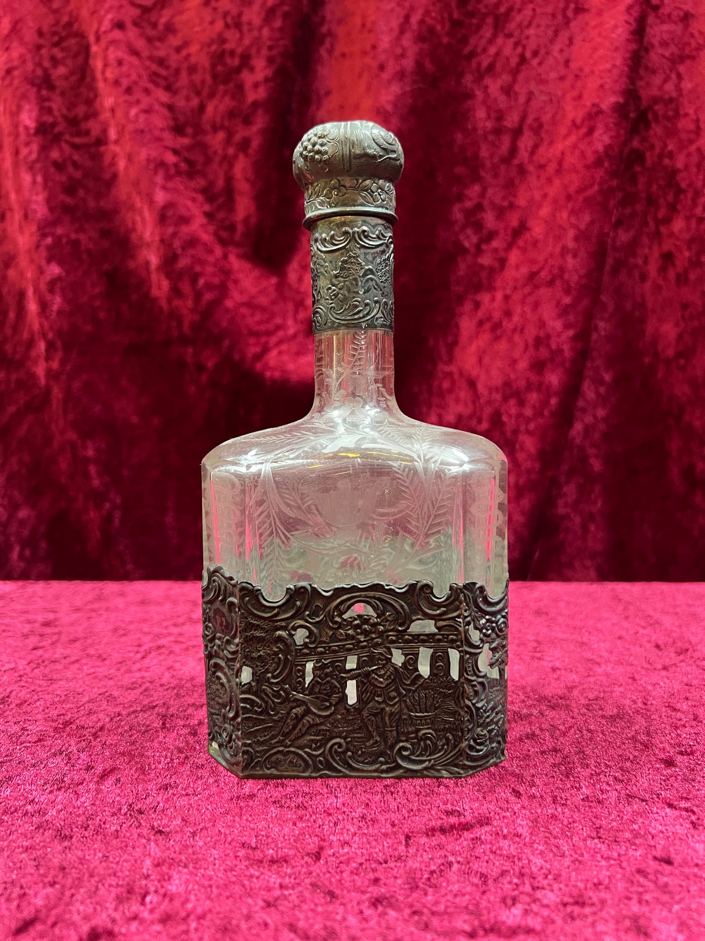 Vintage Barware - Antique 18th Century Etched Glass Decanter - Silver Repousse - German