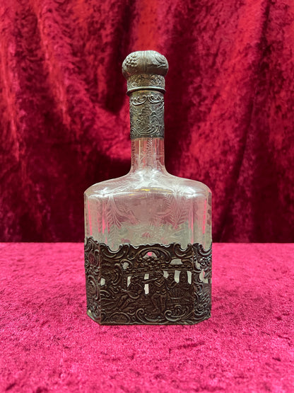 Vintage Barware - Antique 18th Century Etched Glass Decanter - Silver Repousse - German