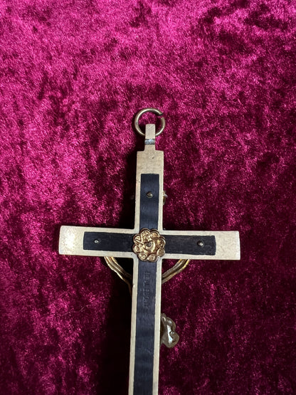Vintage Brass Crucifix Cross - Ebony Inlay Skull and Crossbones Wall Hanging