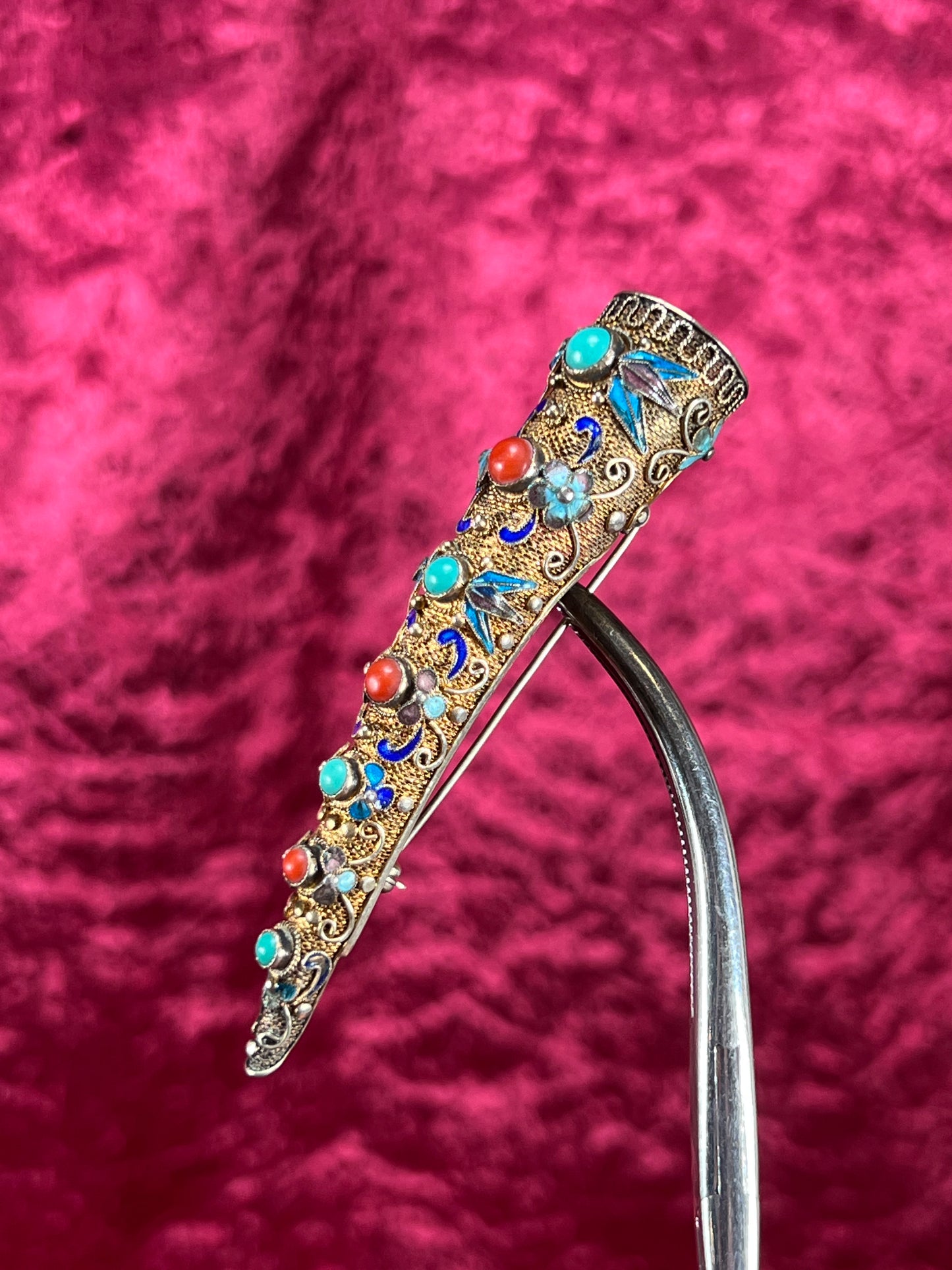 Antique Jewelry - Brooch - Chinese Finger Nail Guard - Plated Sterling Silver, Turquoise, Coral, and Enamel