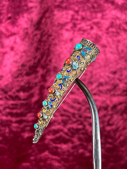 Antique Jewelry - Brooch - Chinese Finger Nail Guard - Plated Sterling Silver, Turquoise, Coral, and Enamel