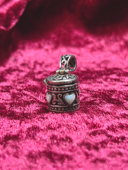 Vintage Jewelry - Pendant Pill Box / Locket - Inlaid Hearts - Ornate Filigree - 925 Sterling Silver