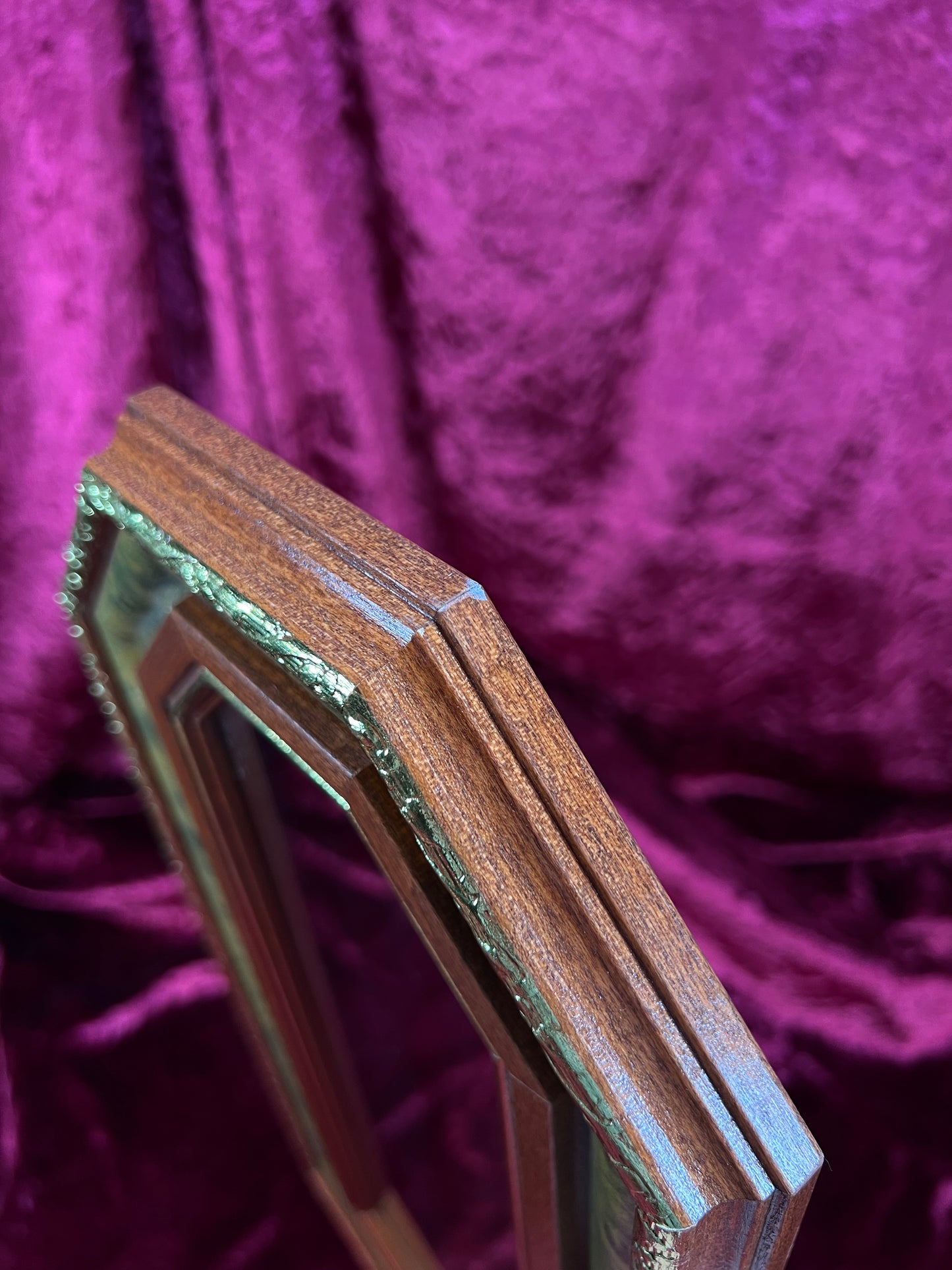 Vintage Wood Wall Mirror - Octagonal Faux Burlwood Accent Frame