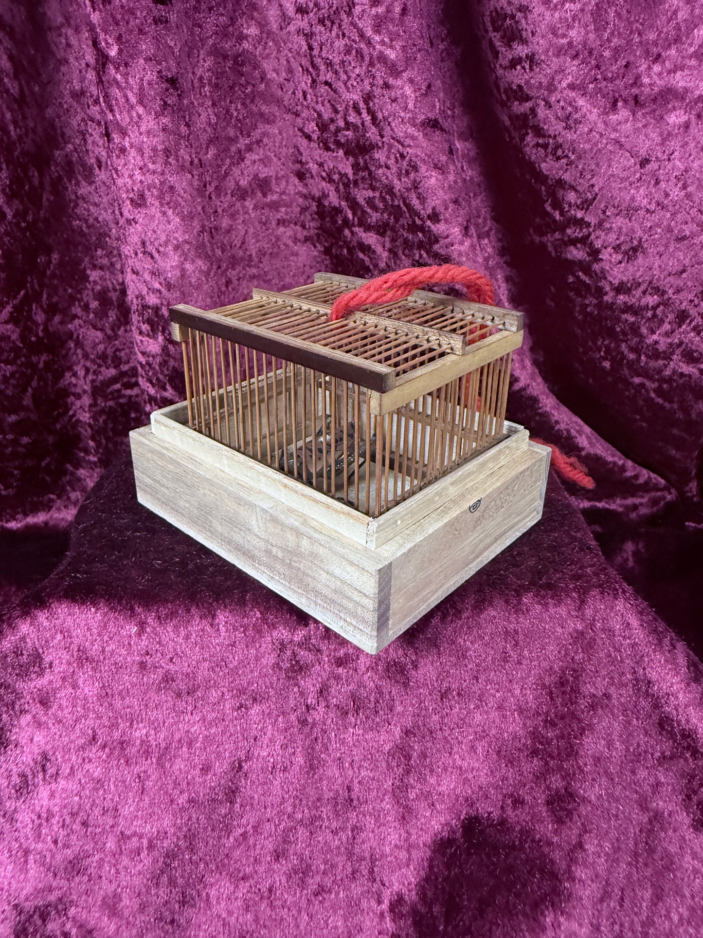 Vintage Wooden Cricket Cage - Chinese Folk Art Miniature with Cricket