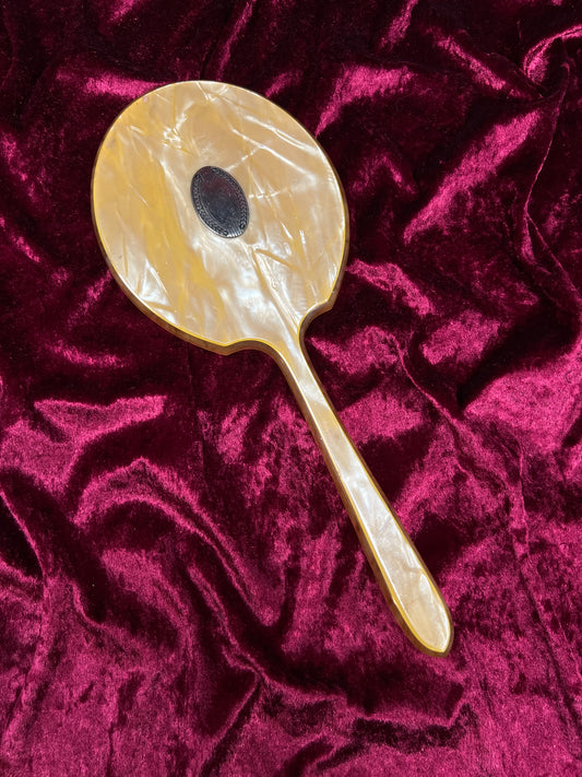 Vintage Art Deco Celluloid Hand Mirror – Faux Mother of Pearl Orange Swirl Vanity Decor