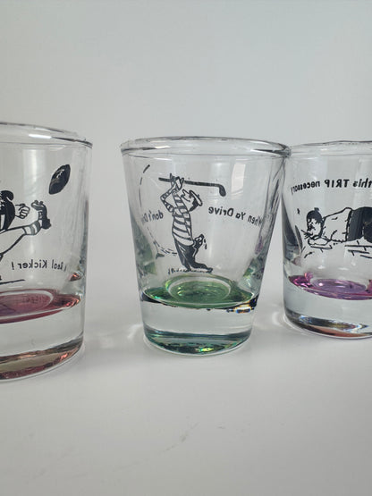 Vintage Barware - Kitschy Sports Humor - 1950s Shot Glass Set of 4