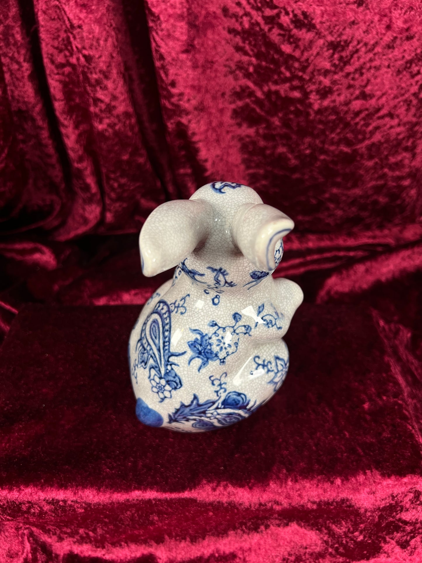 Vintage Ceramic Rabbit Figurine - Blue and White Floral Crackle Finish - Baum Bros