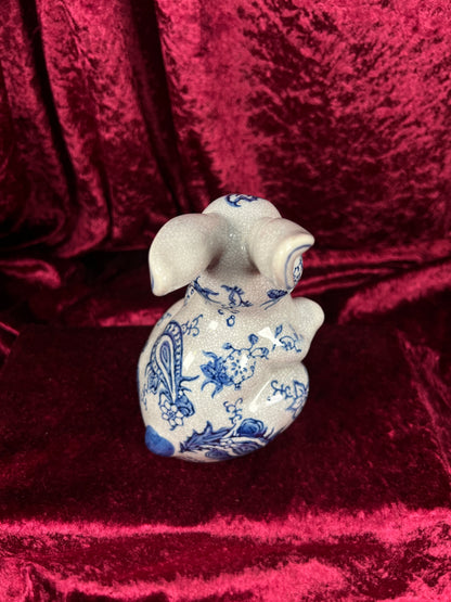 Vintage Ceramic Rabbit Figurine - Blue and White Floral Crackle Finish - Baum Bros
