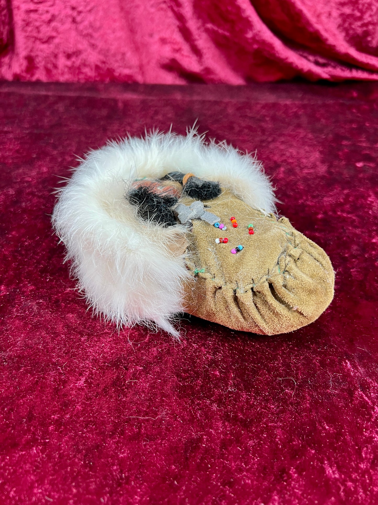 Vintage Souvenir Doll – Baby In Leather Moccasin with Rabbit Fur Trim