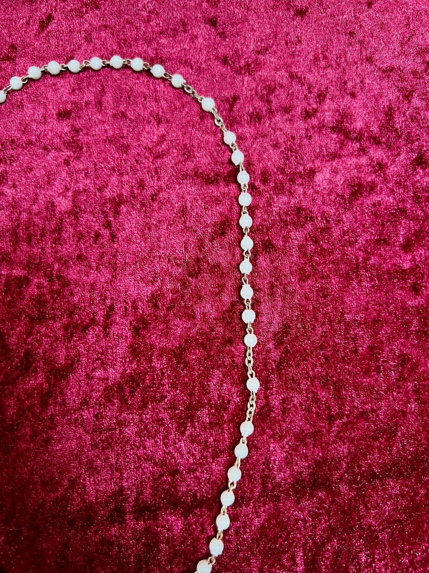 Vintage Jewelry - Rosary Beads - Shiny White Beads - Brass Tone Cross - 12.75"