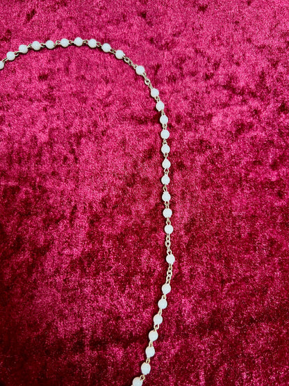 Vintage Jewelry - Rosary Beads - Shiny White Beads - Brass Tone Cross - 12.75"