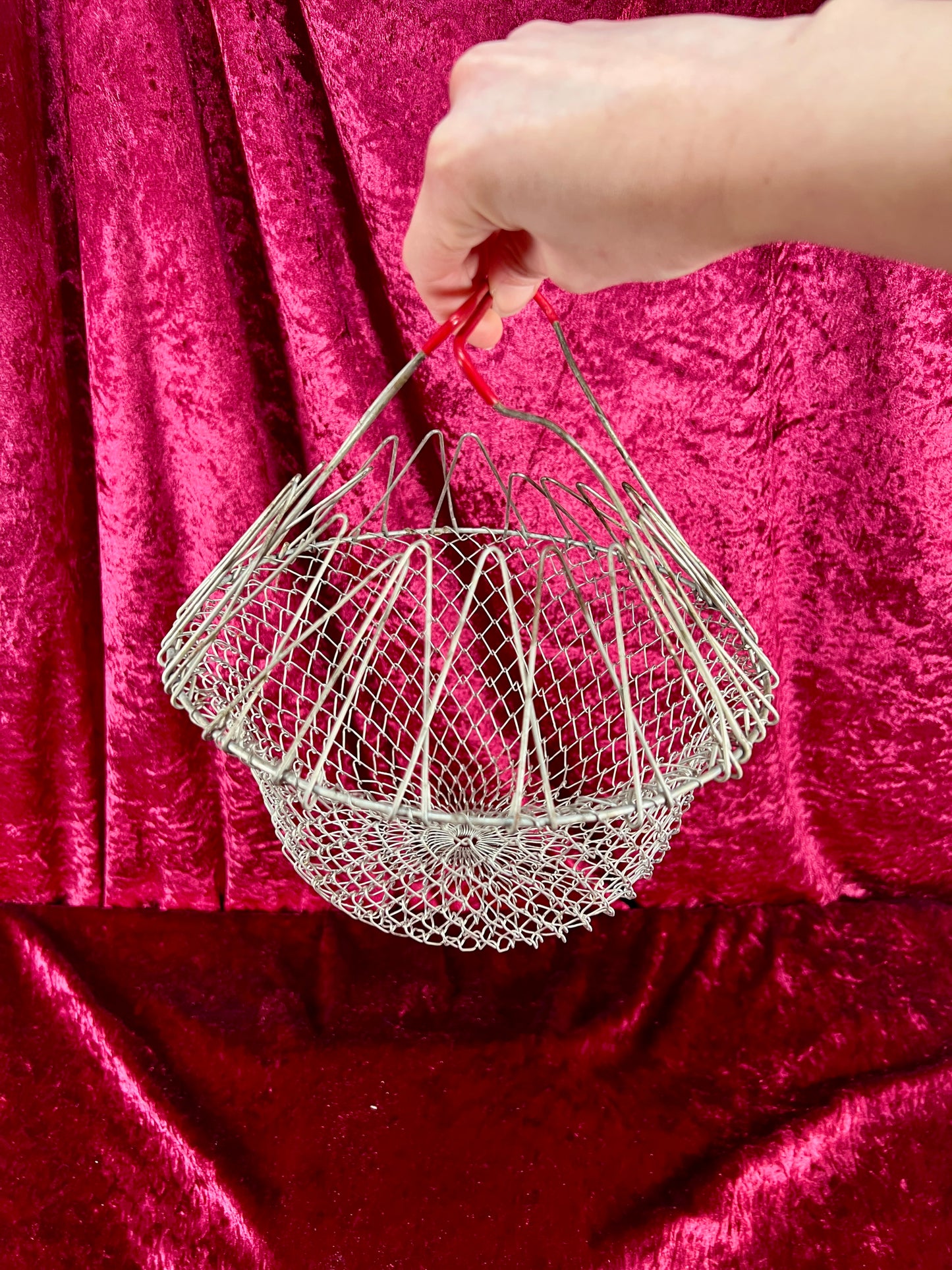 Vintage Basket - Metal Wire Egg Gathering Basket - Red Handles