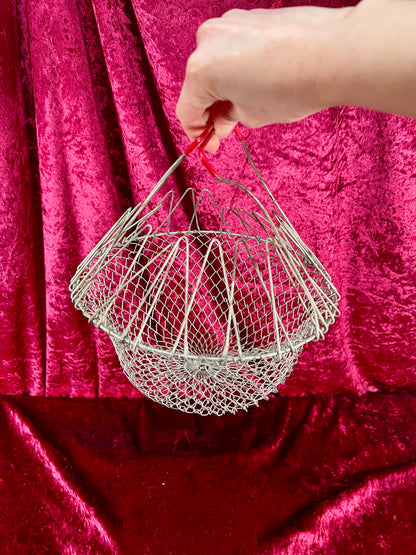 Vintage Basket - Metal Wire Egg Gathering Basket - Red Handles