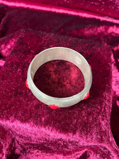 Vintage Jewelry - Puffy Cuff Bracelet - Silver Tone Metal - Red Cabochons
