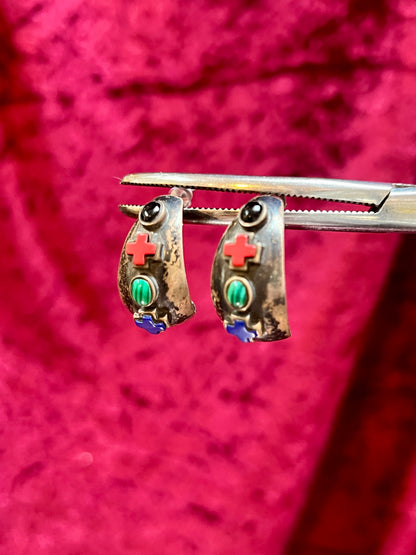 Vintage Jewelry - Half Hoop Earrings - Sterling Silver - Inlaid Stones - Signed SE