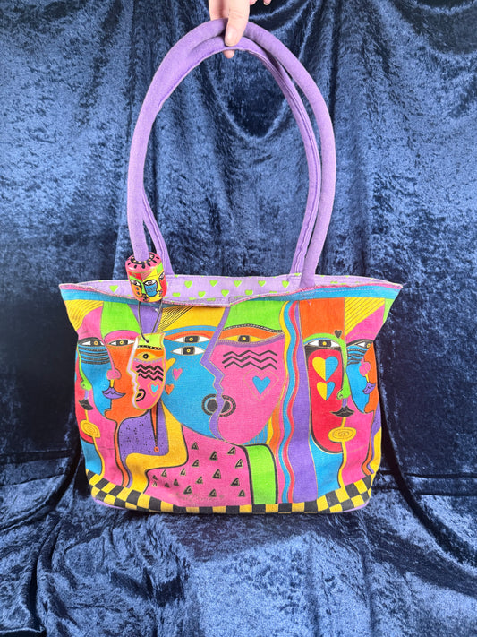 Vintage Canvas Laurel Burch Tote Bag – Kindred Spirits Faces with Purple Handles