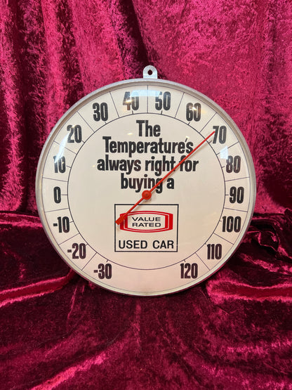 Vintage Metal Advertising Thermometer - Value Rated Used Car Novelty Sign