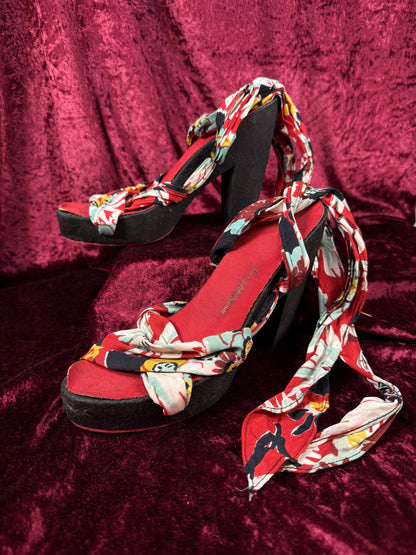 Vintage Saks Fifth Avenue Platform Pin Up Heels – Wood Sole Floral Wrap Tie Sandals