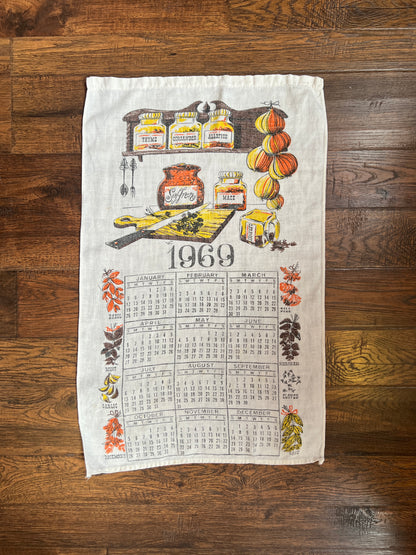 Vintage Linens - Tea Towel Calendar - Retro Orange & Yellow Kitchen Scene - 1969
