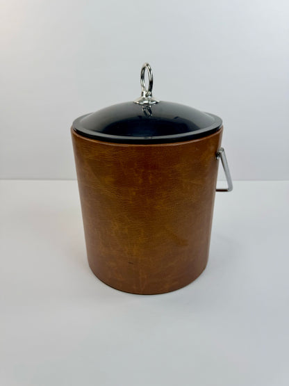 Vintage MCM Ice Bucket - Brown with Black Lid and Ice Tongs