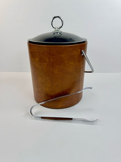 Vintage MCM Ice Bucket - Brown with Black Lid and Ice Tongs