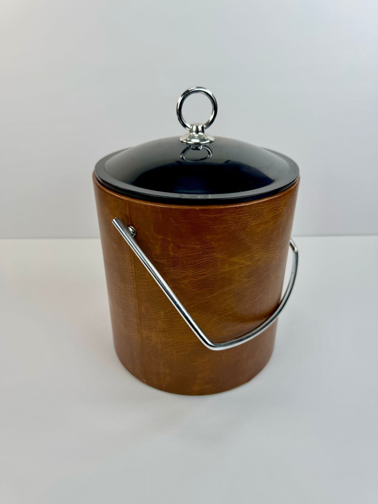 Vintage MCM Ice Bucket - Brown with Black Lid and Ice Tongs