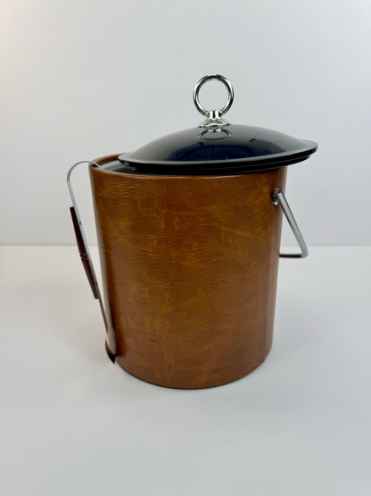 Vintage MCM Ice Bucket - Brown with Black Lid and Ice Tongs