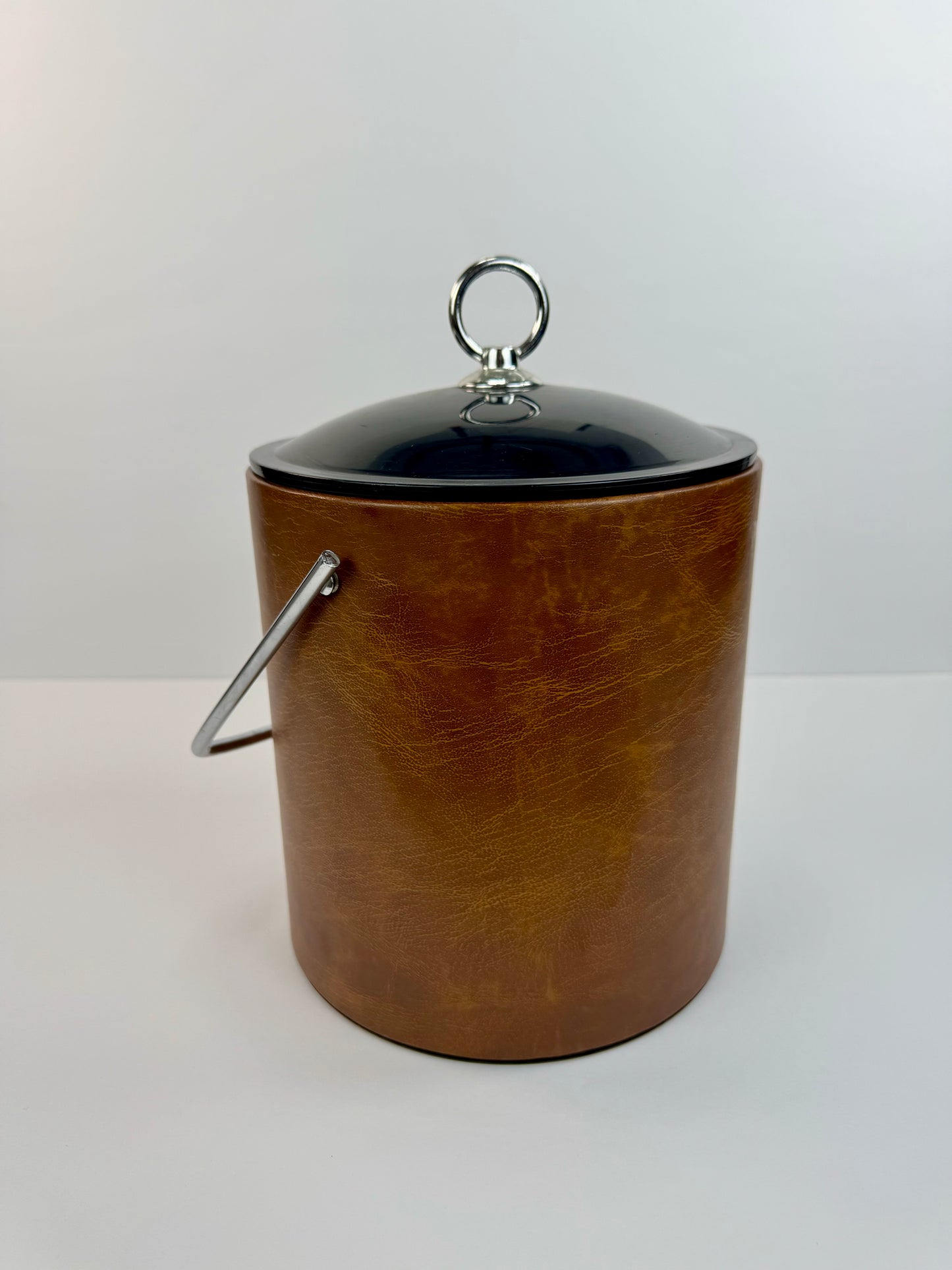 Vintage MCM Ice Bucket - Brown with Black Lid and Ice Tongs