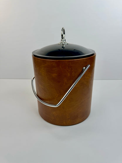 Vintage MCM Ice Bucket - Brown with Black Lid and Ice Tongs