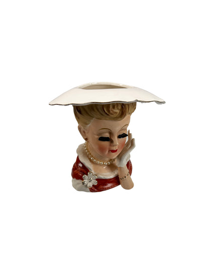 Vintage Lady Head Vase - Pearl Necklace and Floral Brooch -  Inarco #E241