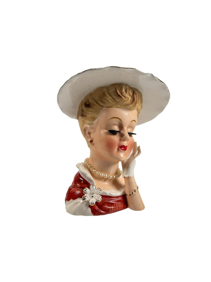 Vintage Lady Head Vase - Pearl Necklace and Floral Brooch -  Inarco #E241
