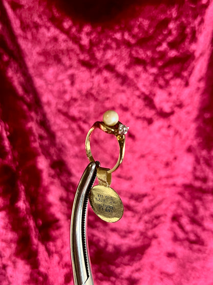 Vintage 14K Gold Electroplate Cocktail Ring – Cultured Pearl Solitaire - ESPO - Size 5.5