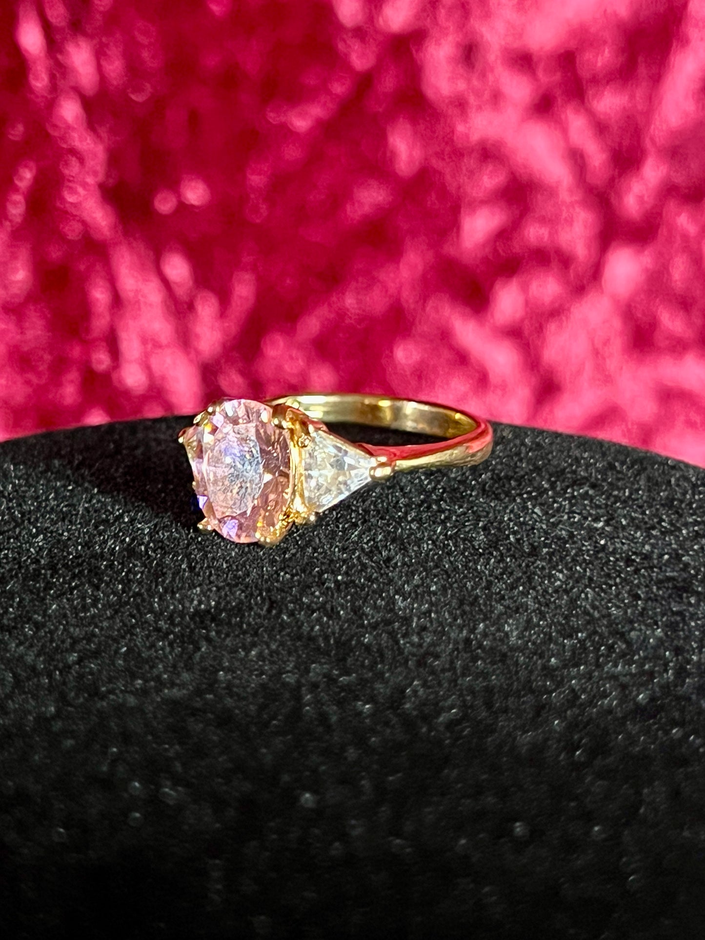 Vintage Gold Electroplate Sterling Cocktail Ring – Round Cut Pink and Clear Faceted Cubic Zirconia - Size 7