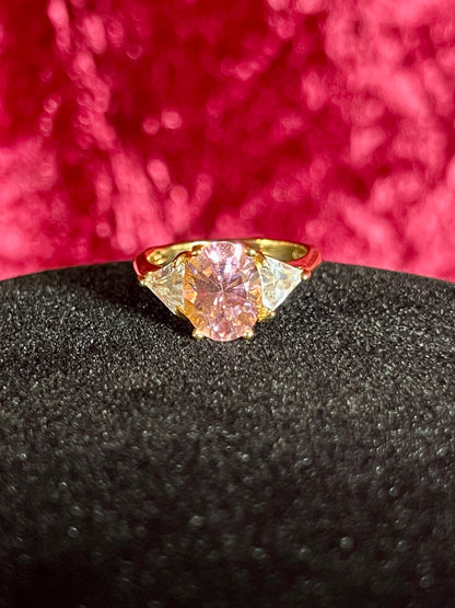 Vintage Gold Electroplate Sterling Cocktail Ring – Round Cut Pink and Clear Faceted Cubic Zirconia - Size 7
