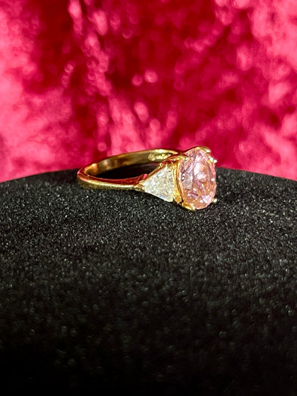 Vintage Gold Electroplate Sterling Cocktail Ring – Round Cut Pink and Clear Faceted Cubic Zirconia - Size 7