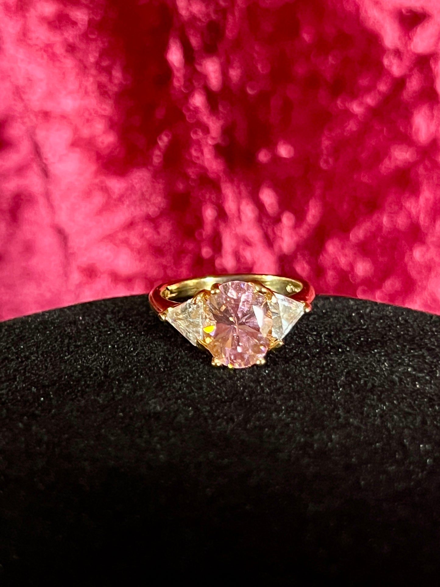 Vintage Gold Electroplate Sterling Cocktail Ring – Round Cut Pink and Clear Faceted Cubic Zirconia - Size 7