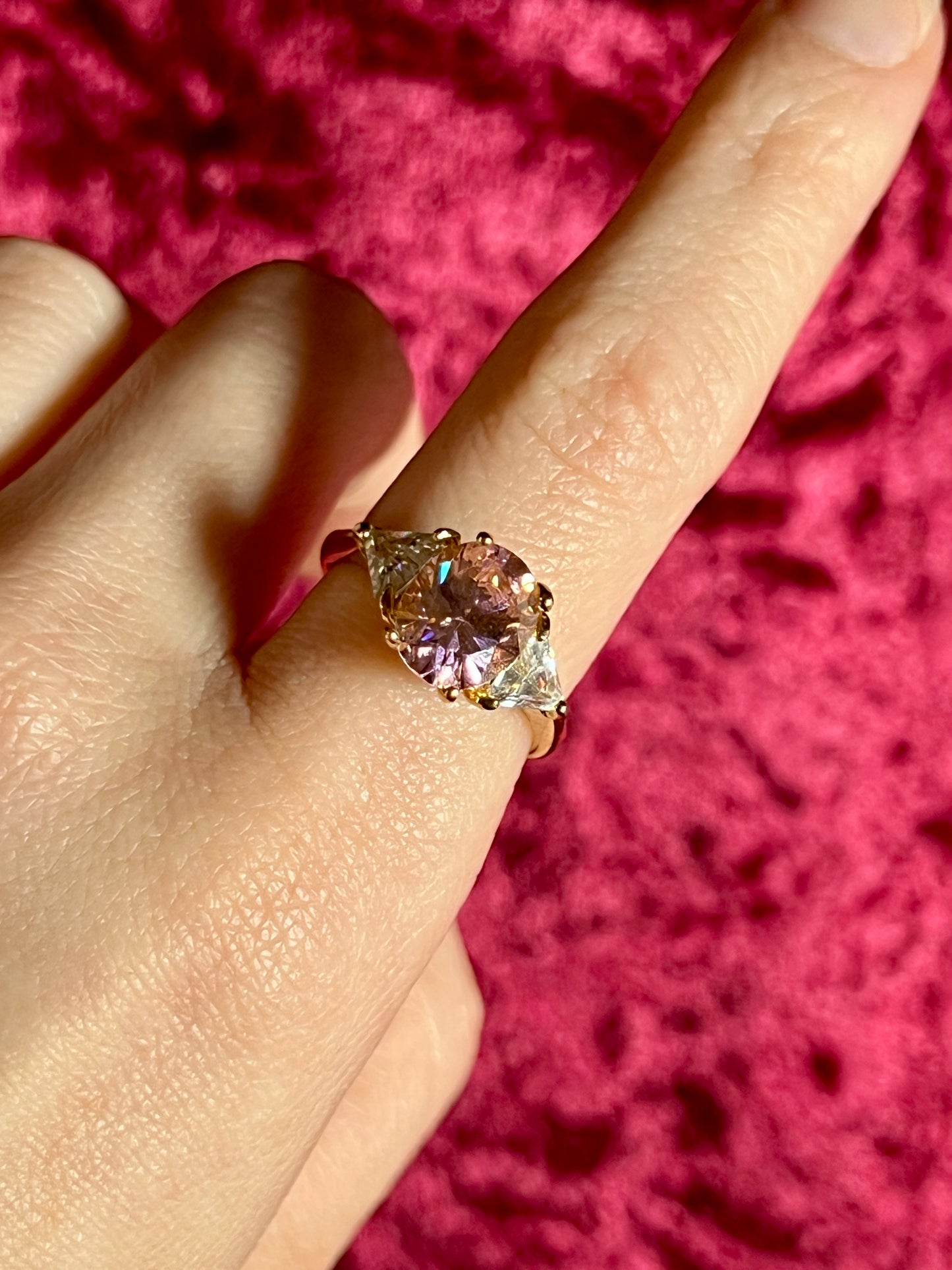 Vintage Gold Electroplate Sterling Cocktail Ring – Round Cut Pink and Clear Faceted Cubic Zirconia - Size 7