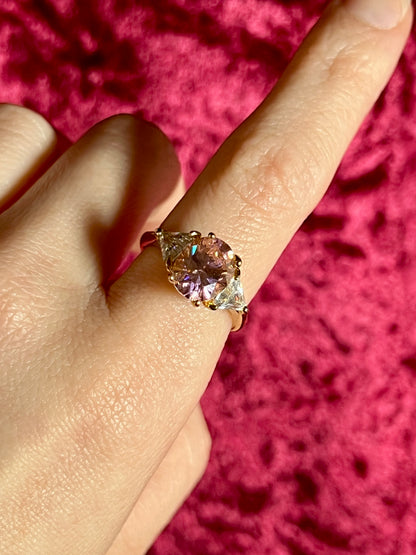 Vintage Gold Electroplate Sterling Cocktail Ring – Round Cut Pink and Clear Faceted Cubic Zirconia - Size 7