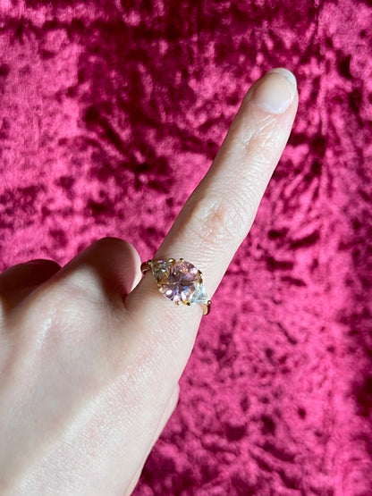 Vintage Gold Electroplate Sterling Cocktail Ring – Round Cut Pink and Clear Faceted Cubic Zirconia - Size 7
